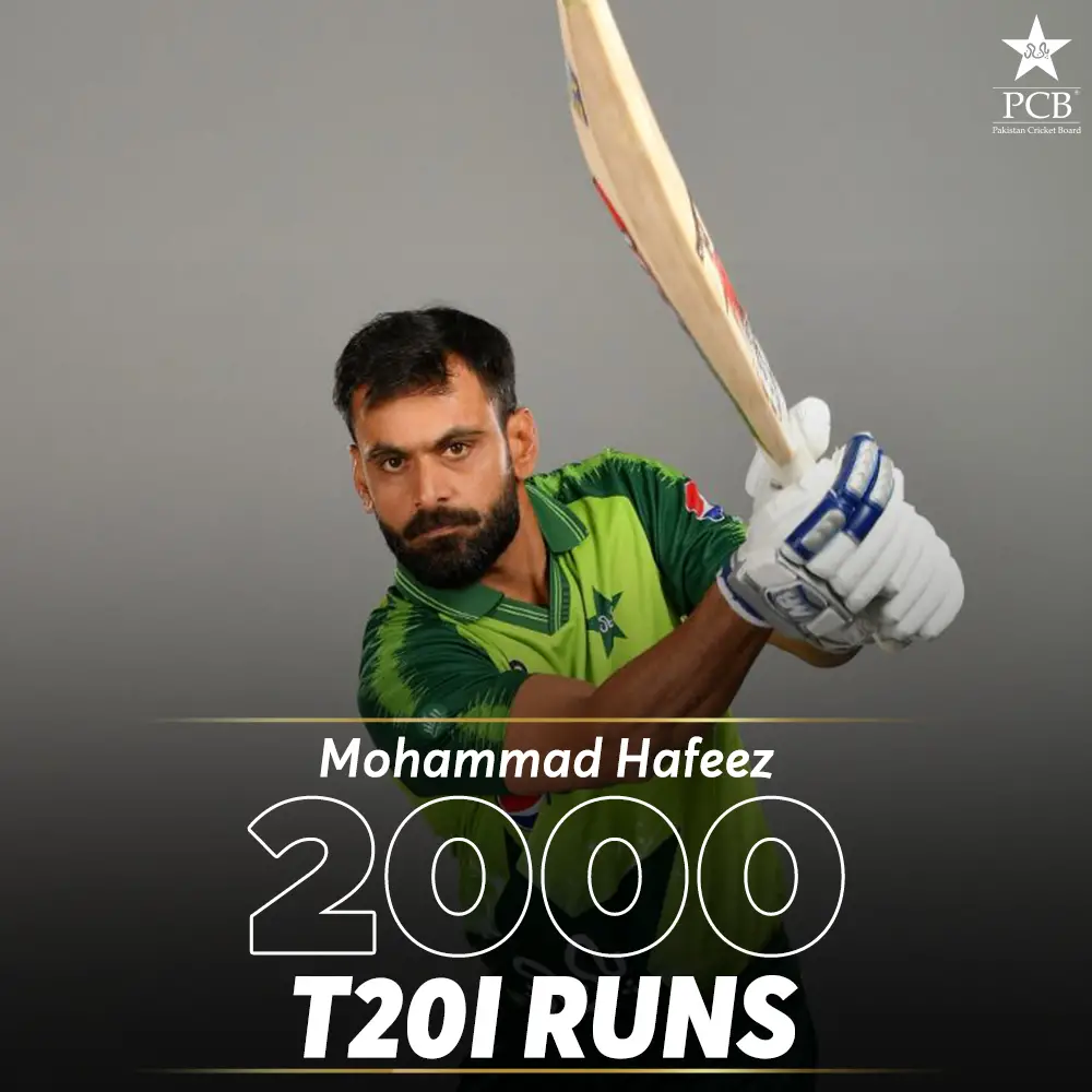 Mohammad Hafeez becomes the third Pakistani to cross 2000 T20I runs. Image courtesy: PCB, Twitter